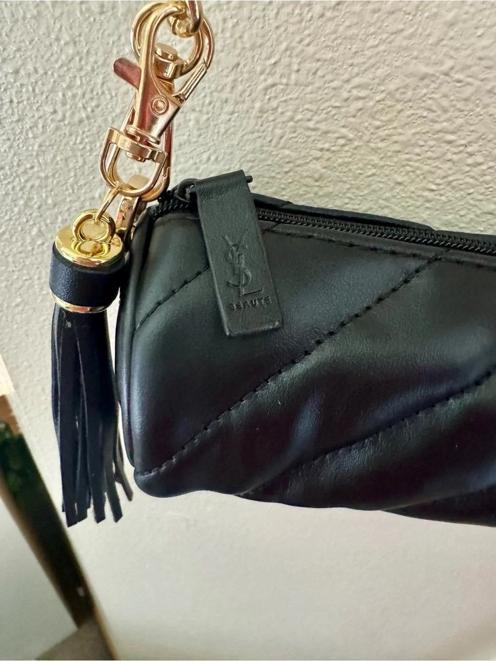 Yves Saint Laurent beauty Black faux leather makeup mini bag w/gold chain